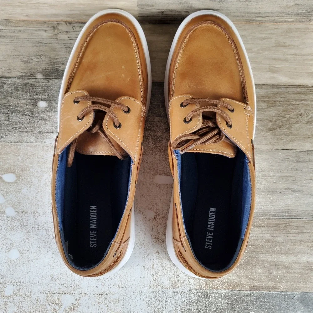 Steve Madden Astonn Mens Boat Shoes‎ Sz 13 Tan Leather Casual Comfort Lace Up